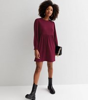 New Look Burgundy Crinkle Long Sleeve Mini Smock Dress